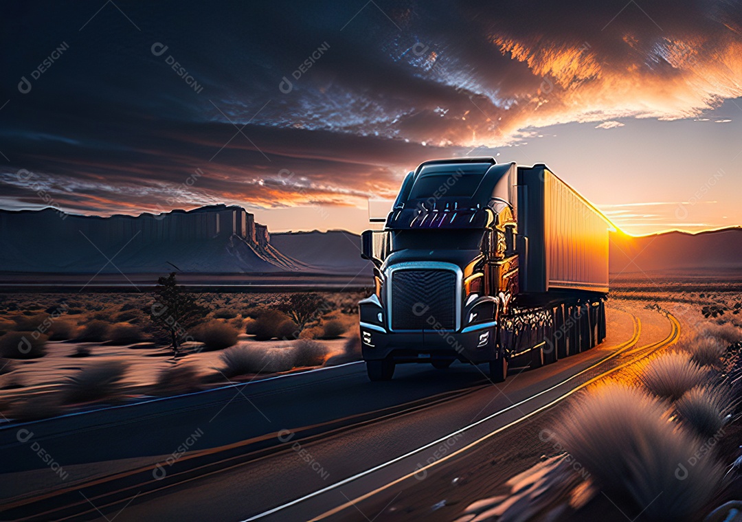 Caminhão moderno movendo-se por diferentes paisagens