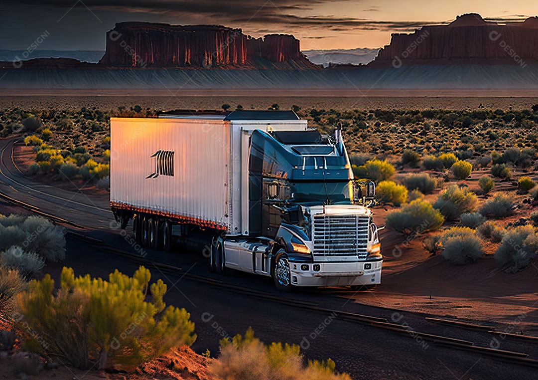 Caminhão moderno movendo-se por diferentes paisagens