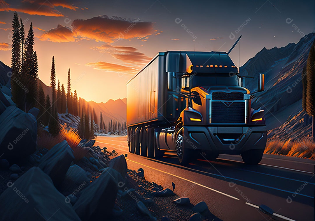 Caminhão moderno movendo-se por diferentes paisagens