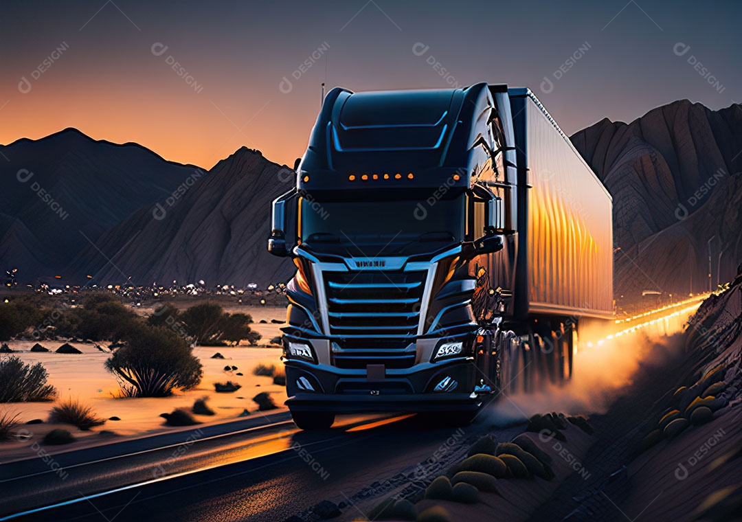 Caminhão moderno movendo-se por diferentes paisagens
