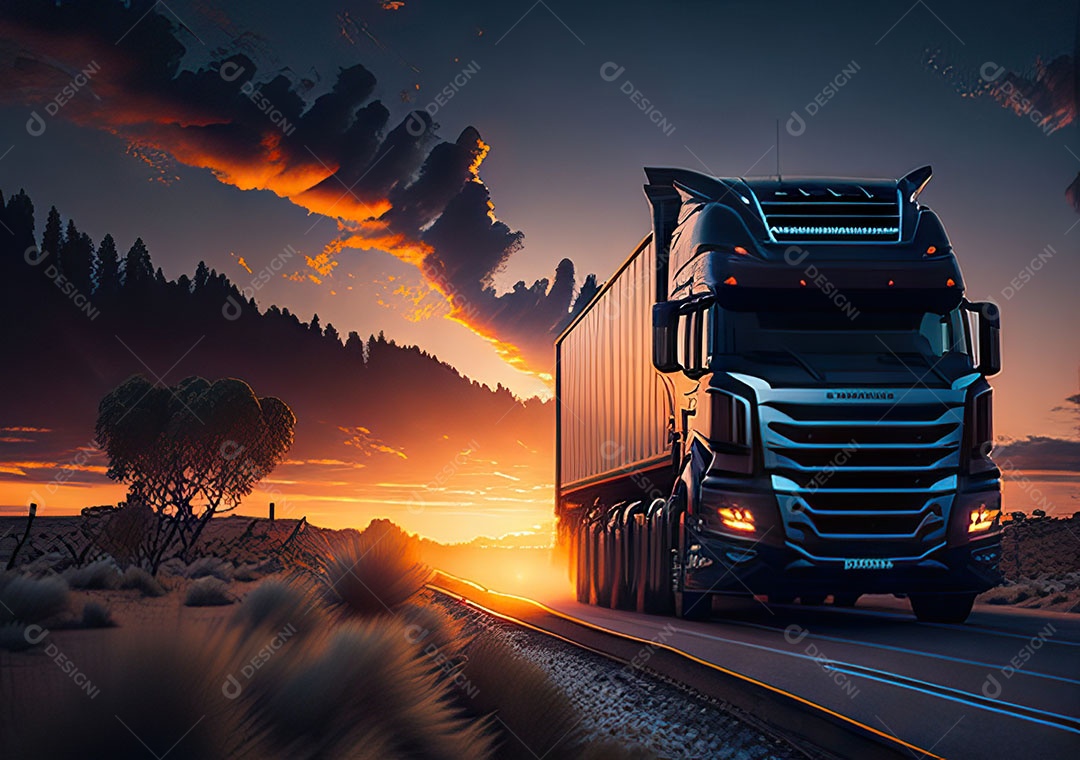 Caminhão moderno movendo-se por diferentes paisagens