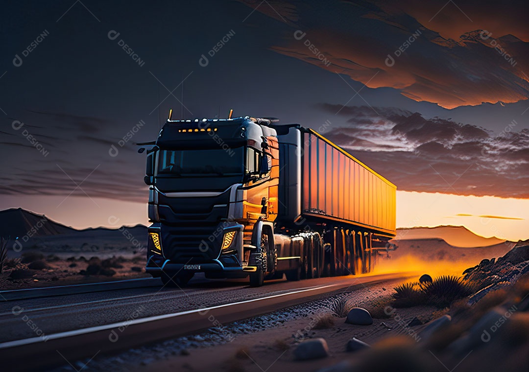 Caminhão moderno movendo-se por diferentes paisagens