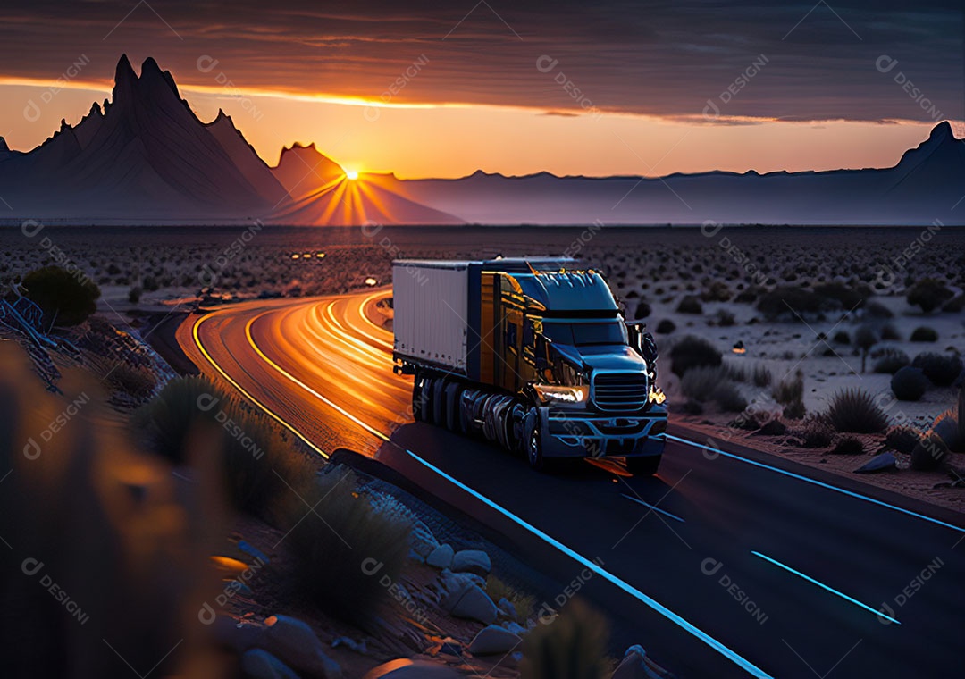 Caminhão moderno movendo-se por diferentes paisagens
