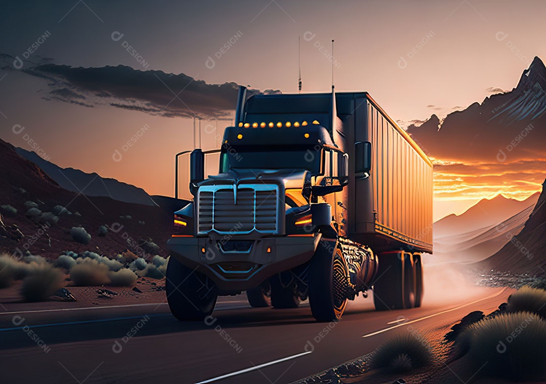 Caminhão moderno movendo-se por diferentes paisagens