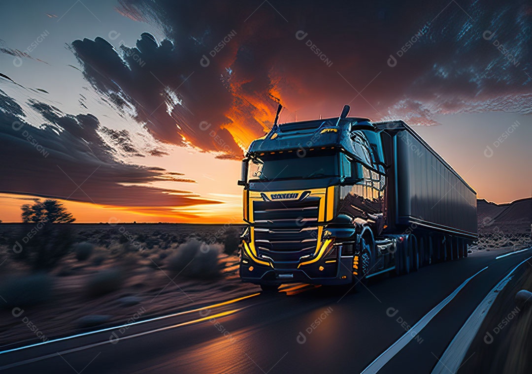 Caminhão moderno movendo-se por diferentes paisagens