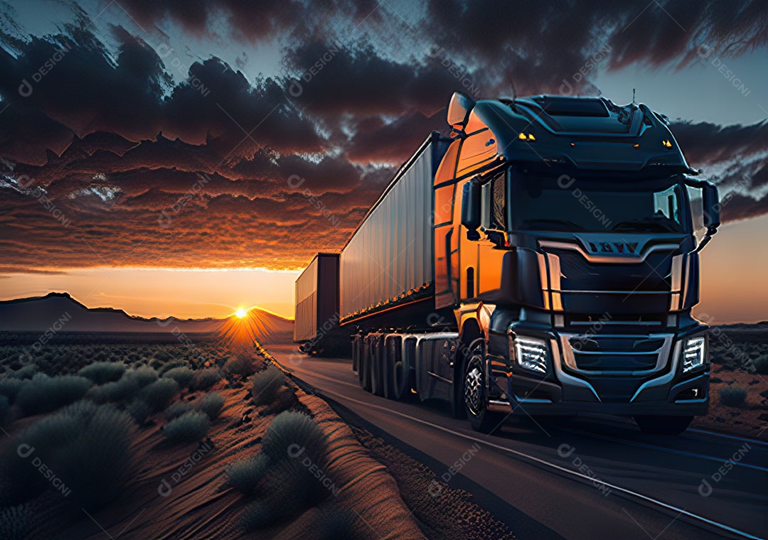 Caminhão moderno movendo-se por diferentes paisagens