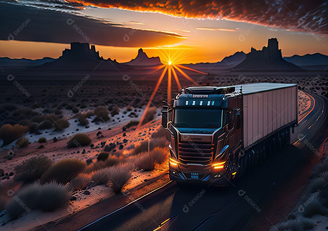Caminhão moderno movendo-se por diferentes paisagens