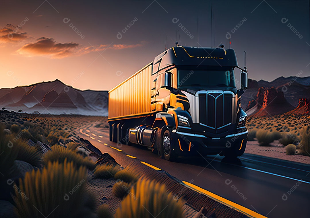 Caminhão moderno movendo-se por diferentes paisagens