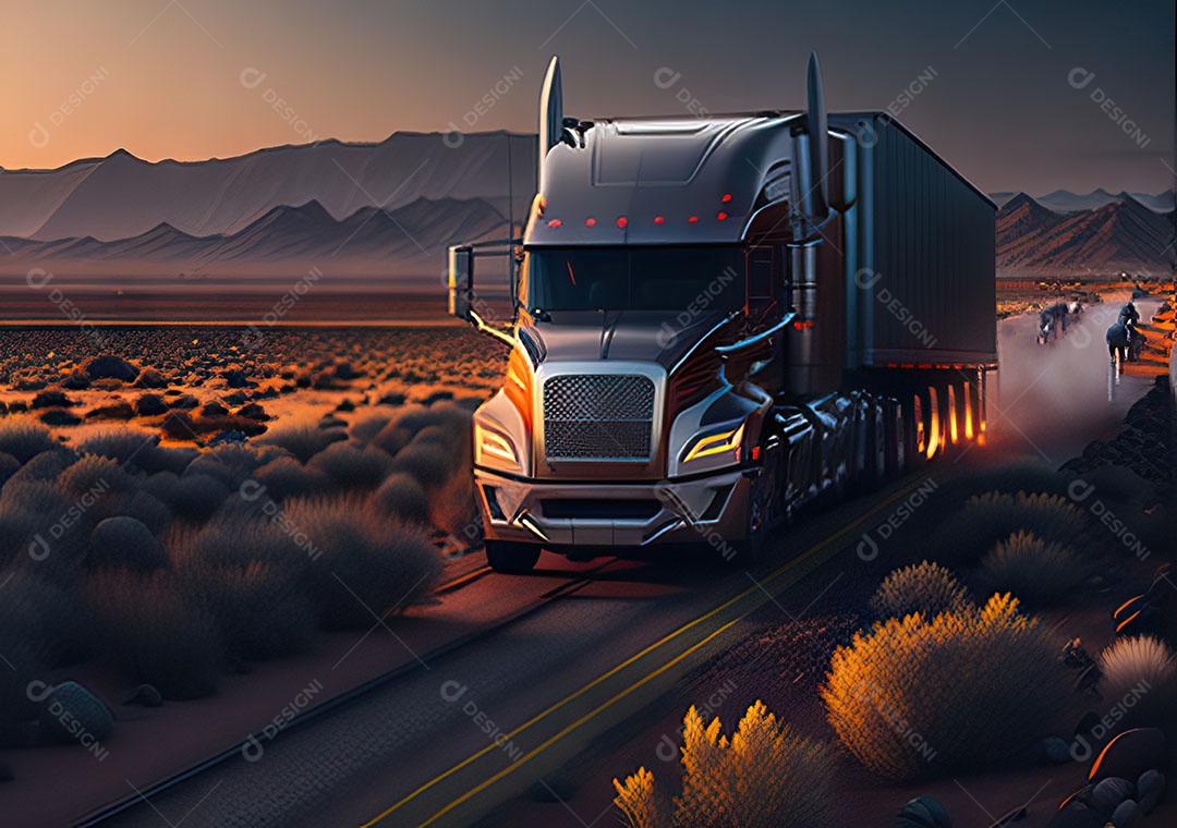 Caminhão moderno movendo-se por diferentes paisagens