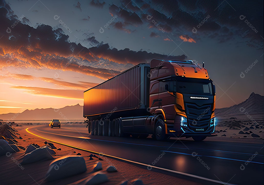 Caminhão moderno movendo-se por diferentes paisagens