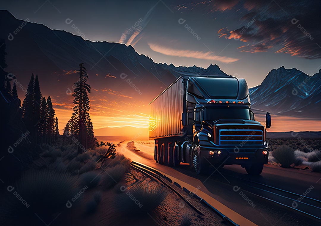 Caminhão moderno movendo-se por diferentes paisagens