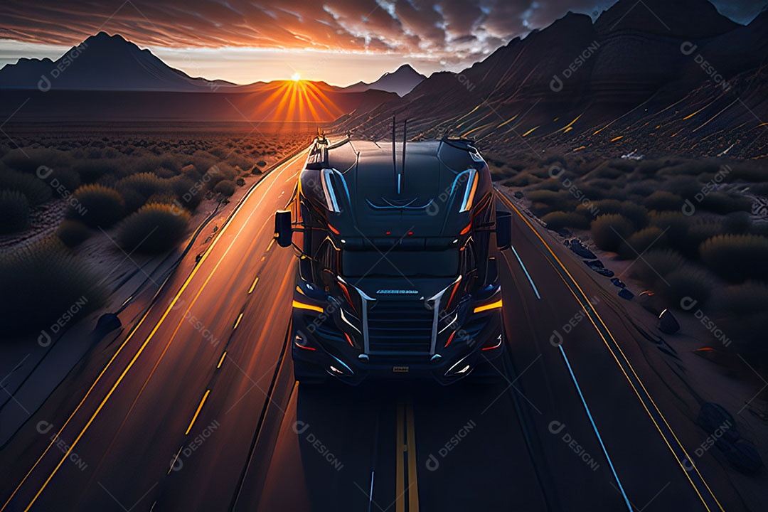 Caminhão moderno movendo-se por diferentes paisagens