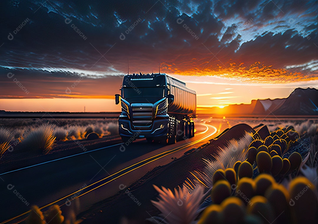 Caminhão moderno movendo-se por diferentes paisagens