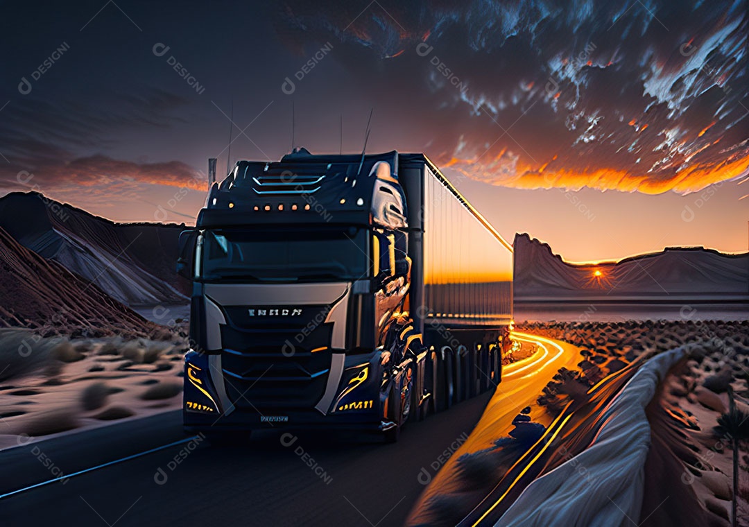 Caminhão moderno movendo-se por diferentes paisagens