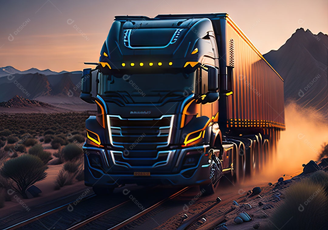 Caminhão moderno movendo-se por diferentes paisagens