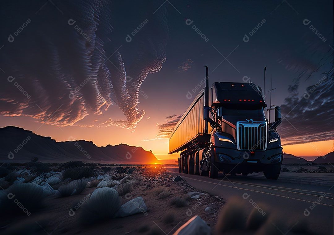 Caminhão moderno movendo-se por diferentes paisagens