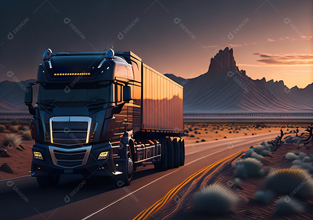 Caminhão moderno movendo-se por diferentes paisagens