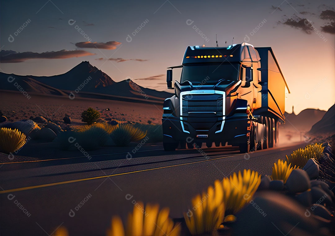 Caminhão moderno movendo-se por diferentes paisagens