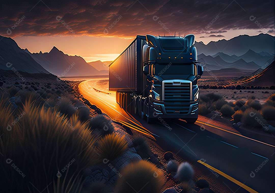 Caminhão moderno movendo-se por diferentes paisagens