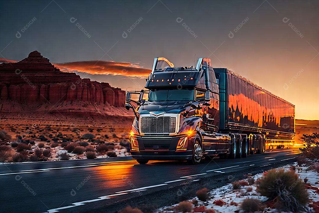 Caminhão moderno movendo-se por diferentes paisagens