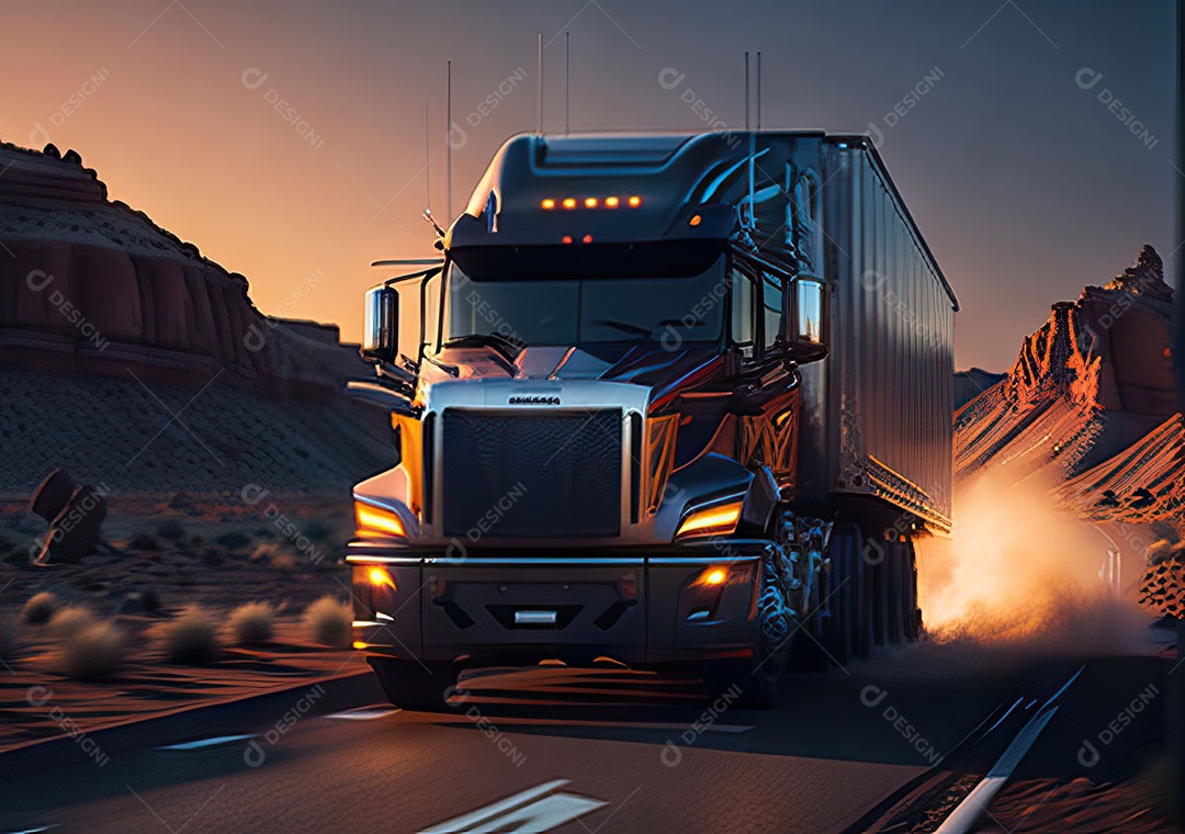 Caminhão moderno movendo-se por diferentes paisagens