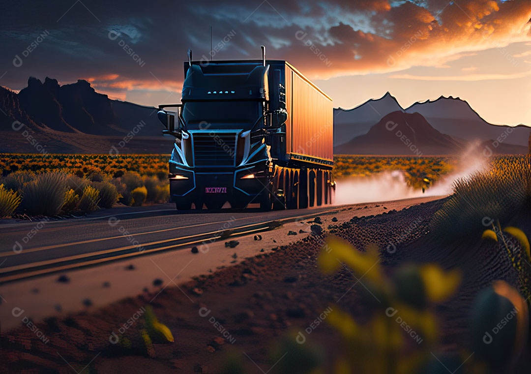 Caminhão moderno movendo-se por diferentes paisagens