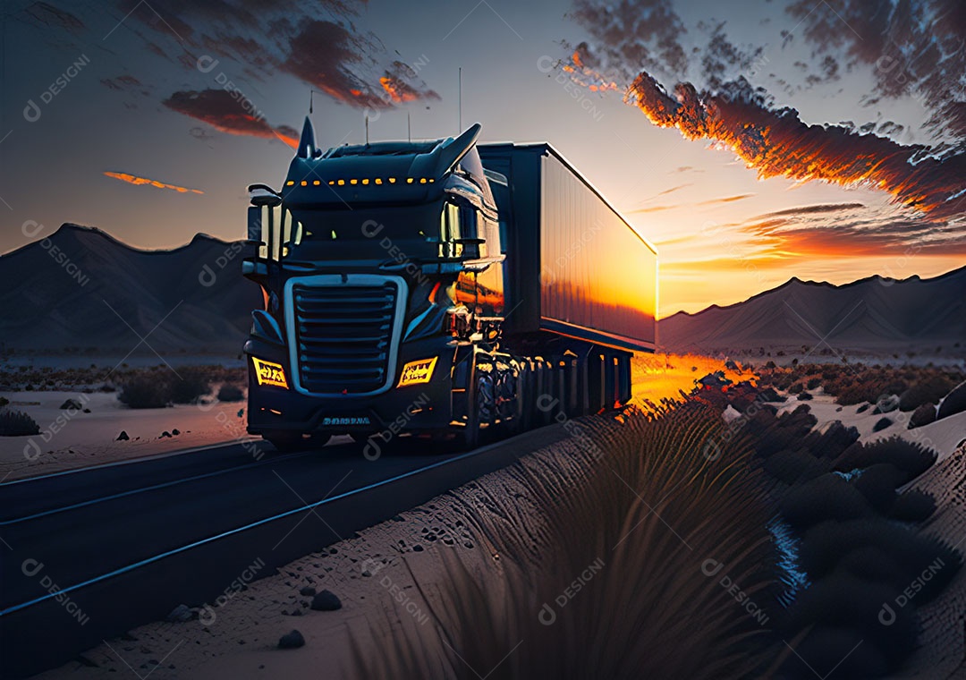 Caminhão moderno movendo-se por diferentes paisagens