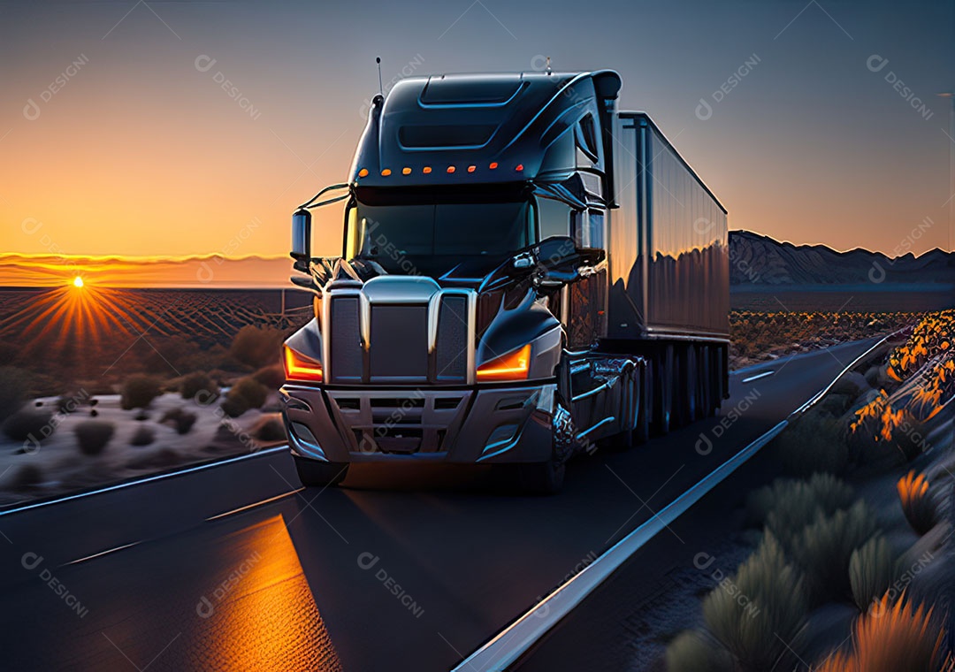 Caminhão moderno movendo-se por diferentes paisagens