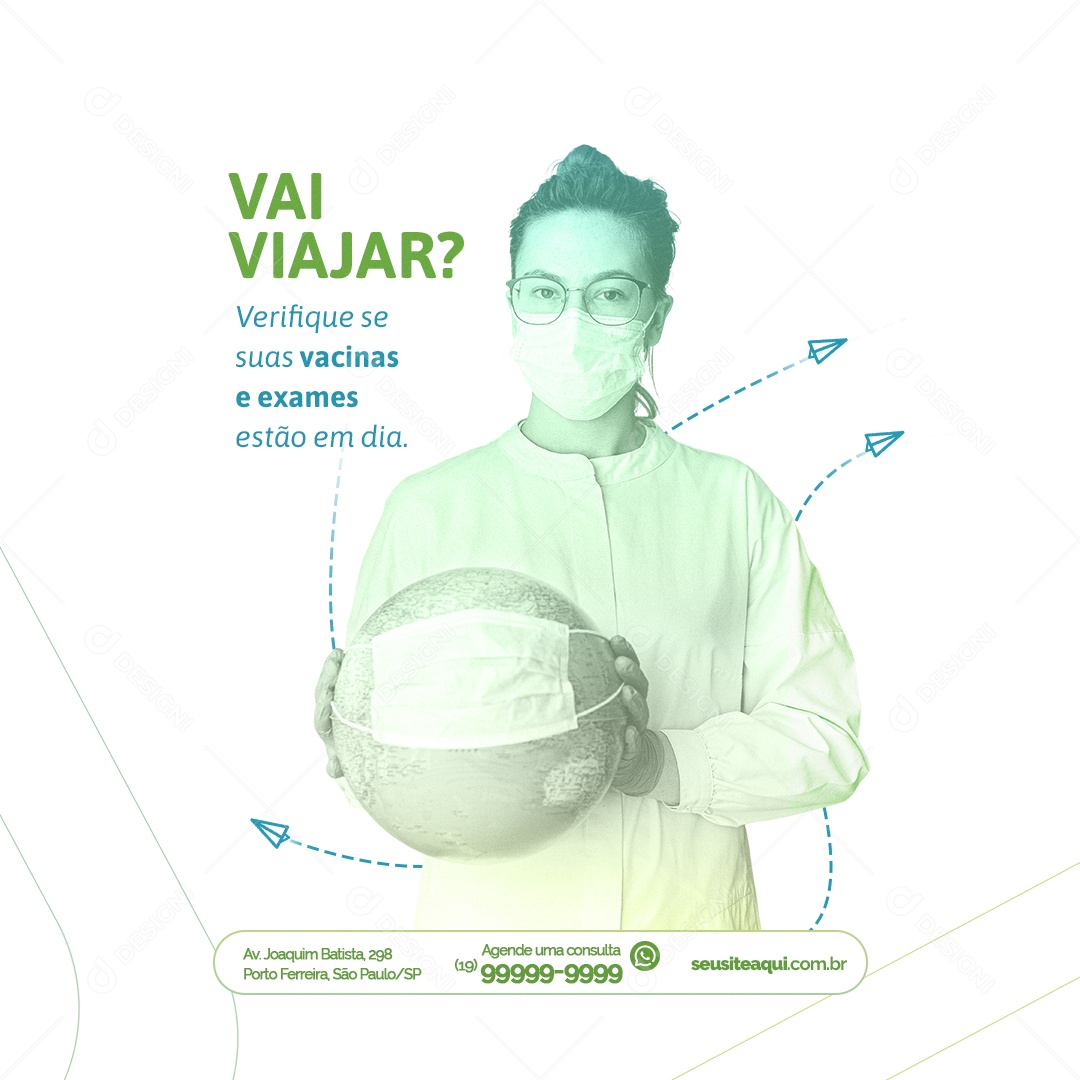 Clínica Médica Vai Viajar Verifique se suas Vacinas e Exames Estão em Dia Social Media PSD Editável