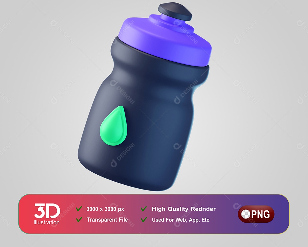 Garrafa Água Elemento 3D Preto Roxo para Composição PSD
