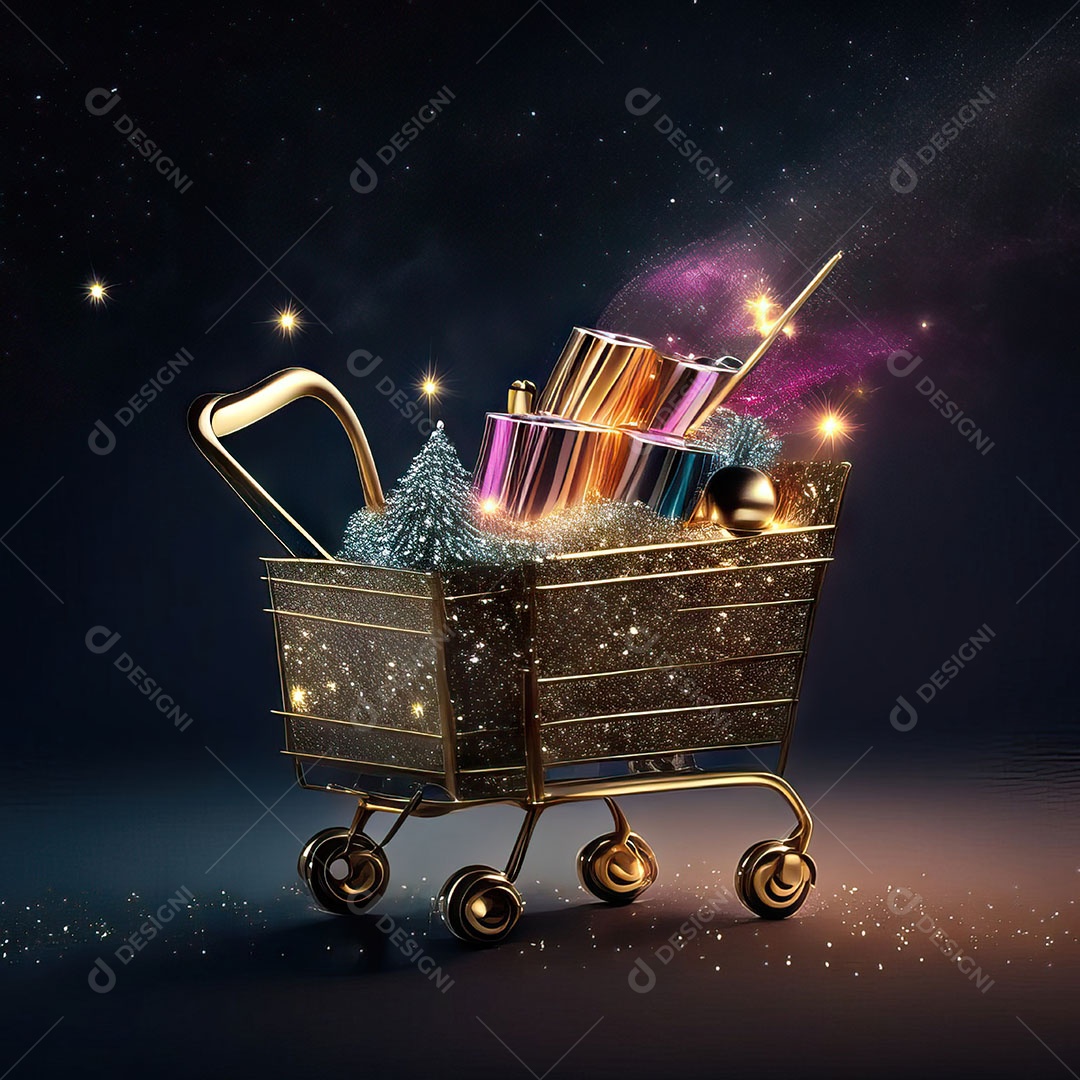 Carrinho de compras fotográfico com arranjo de presentes em brilho