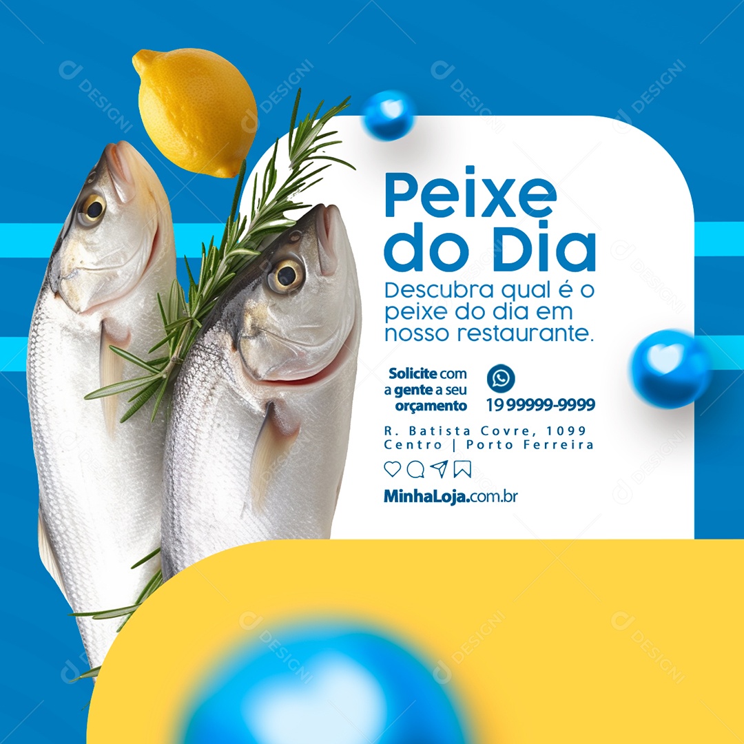 Peixaria Descubra Qual é o Peixe do Dia em nosso Restaurante Social Media PSD Editável