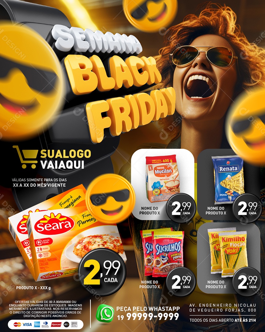 Social Media Tabloide Semana Black Friday Supermercado Frango à Parmegiana Feijão e Flocão Yoki PSD Editável