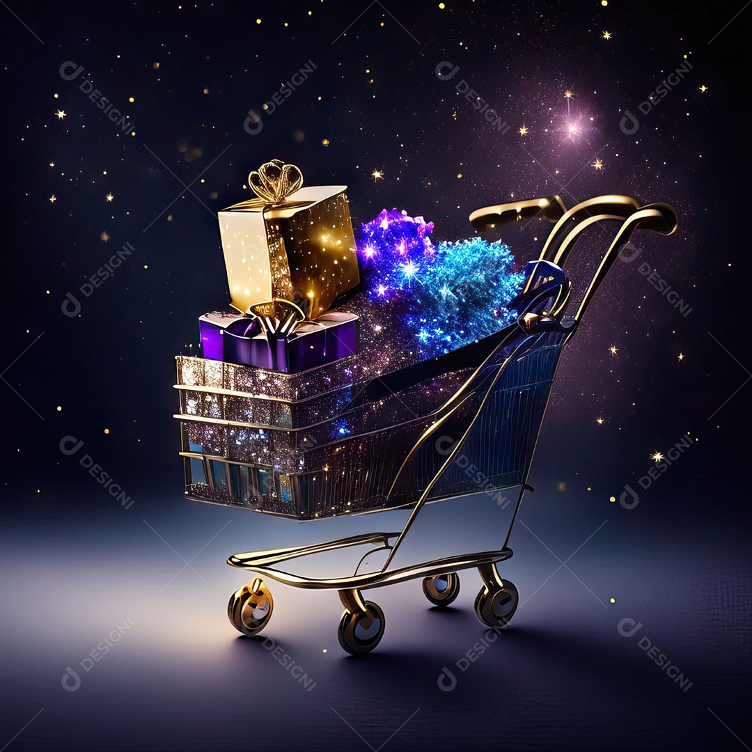 Carrinho de compras fotográfico com arranjo de presentes em brilho