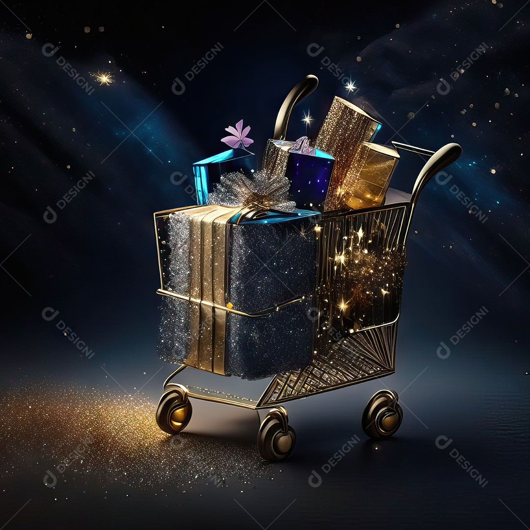 Carrinho de compras fotográfico com arranjo de presentes em brilho
