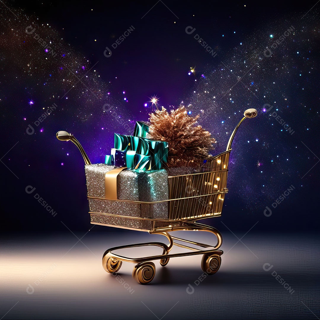 Carrinho de compras fotográfico com arranjo de presentes em brilho