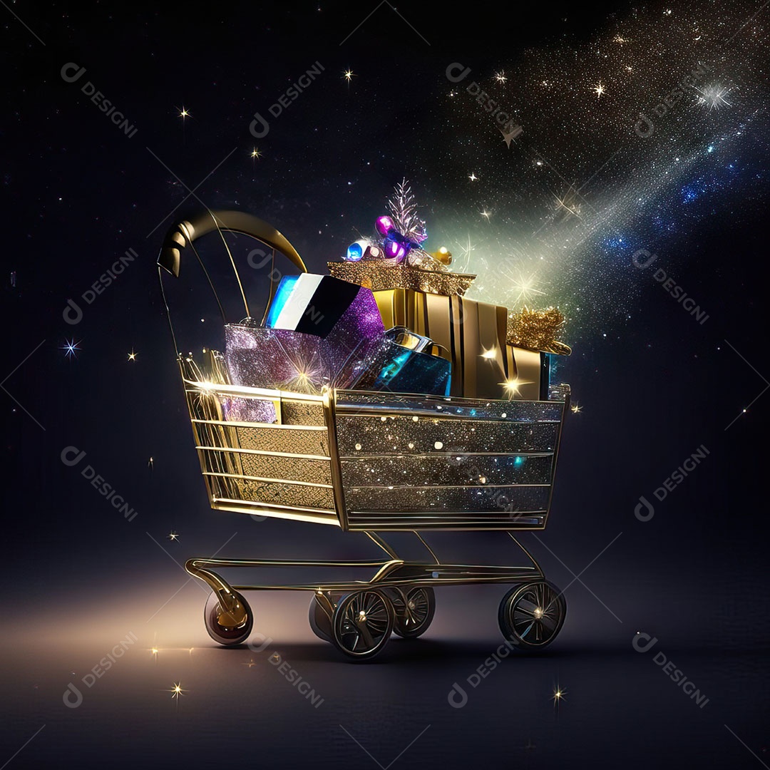 Carrinho de compras fotográfico com arranjo de presentes em brilho