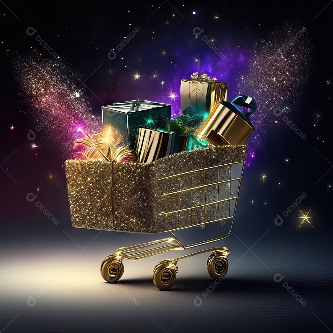 Carrinho de compras fotográfico com arranjo de presentes em brilho