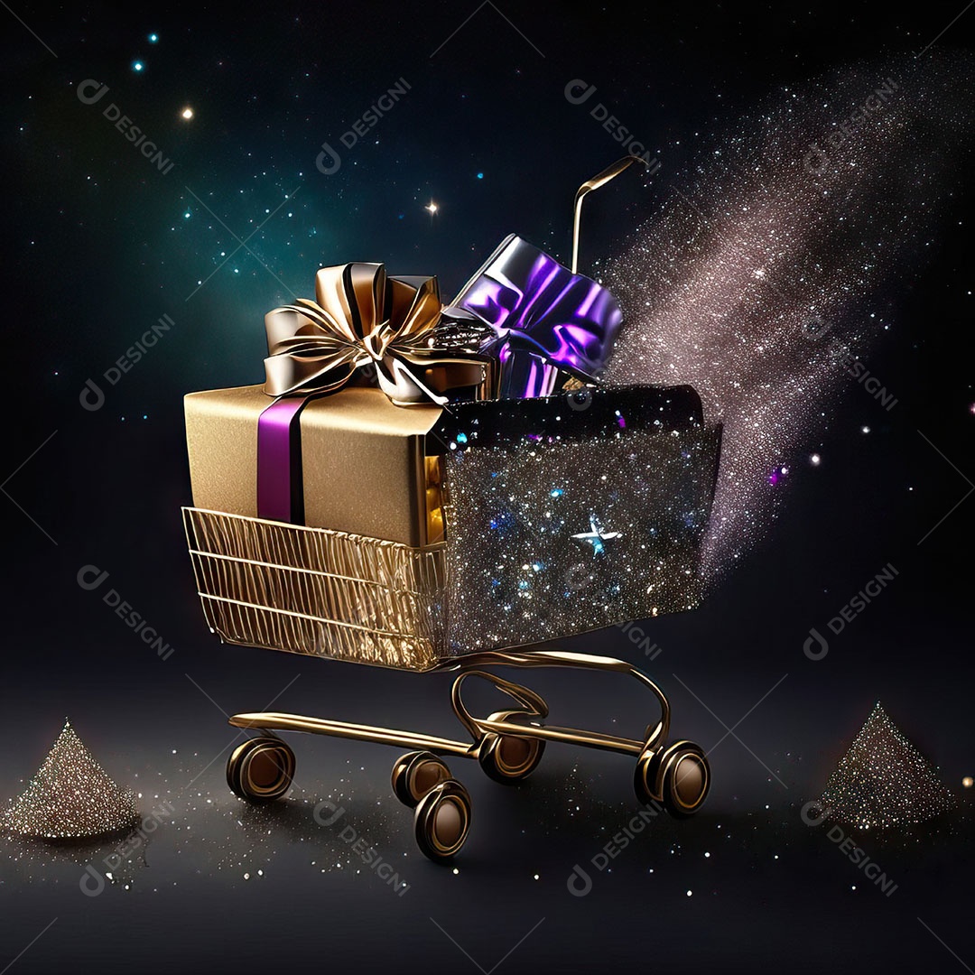 Carrinho de compras fotográfico com arranjo de presentes em brilho