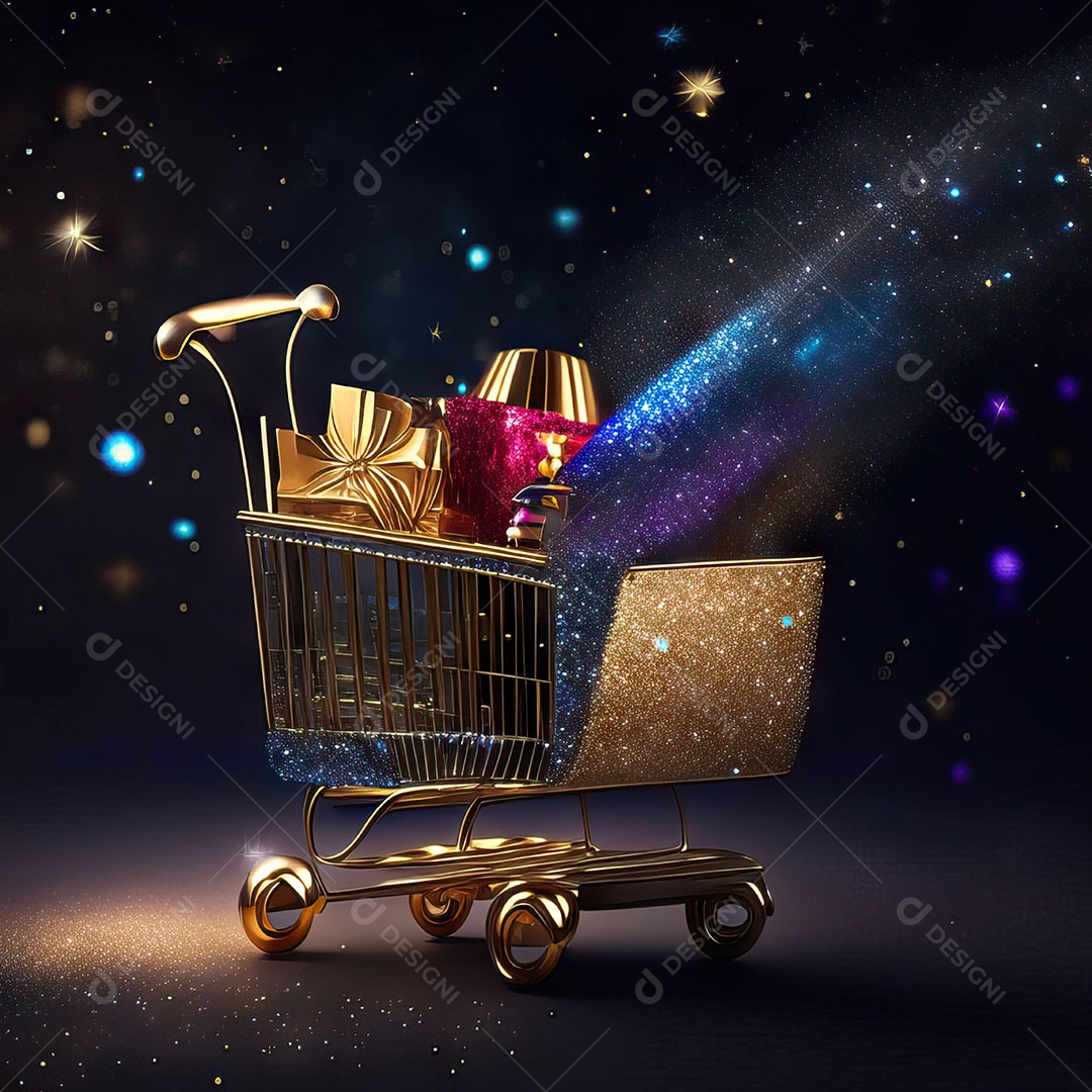 Carrinho de compras fotográfico com arranjo de presentes em brilho