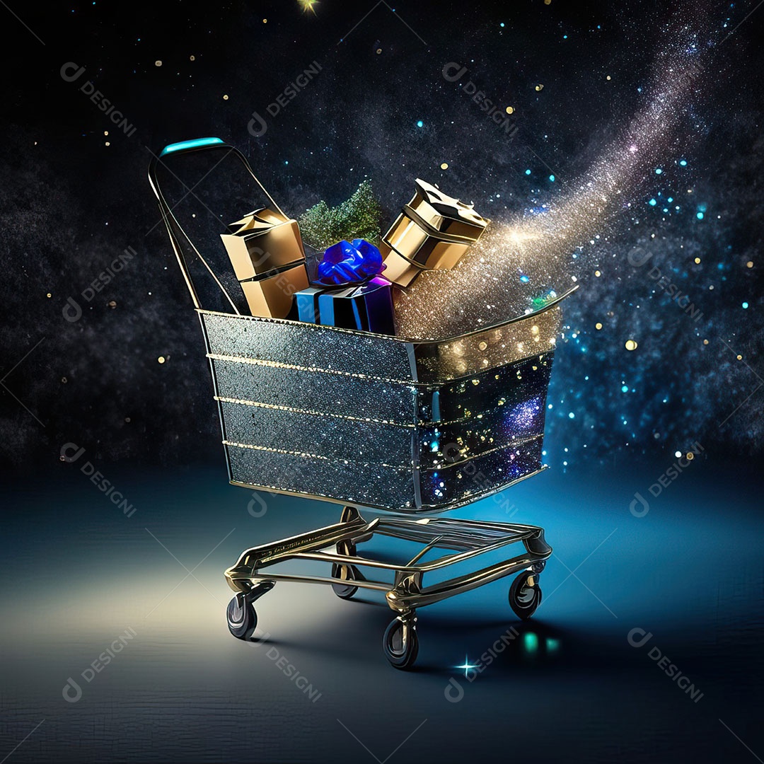 Carrinho de compras fotográfico com arranjo de presentes em brilho
