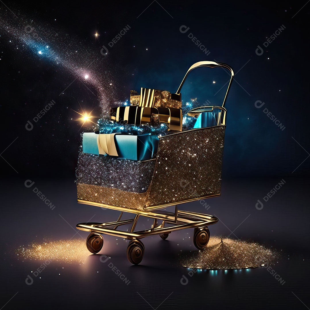 Carrinho de compras fotográfico com arranjo de presentes em brilho