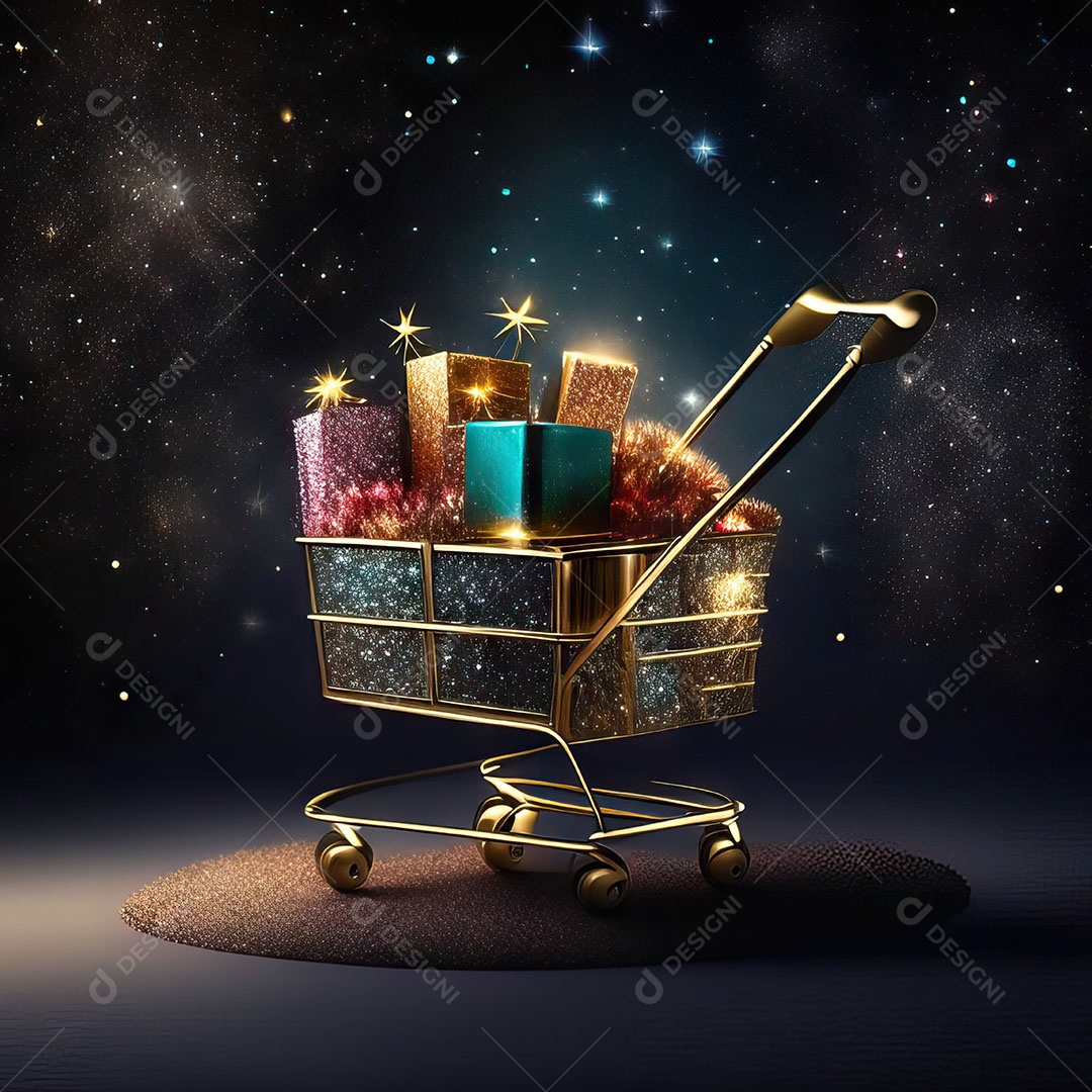 Carrinho de compras fotográfico com arranjo de presentes em brilho
