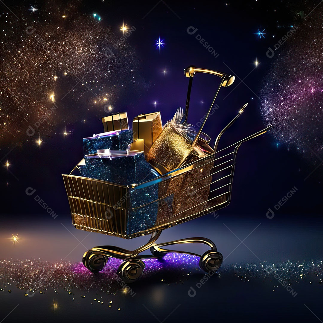 Carrinho de compras fotográfico com arranjo de presentes em brilho