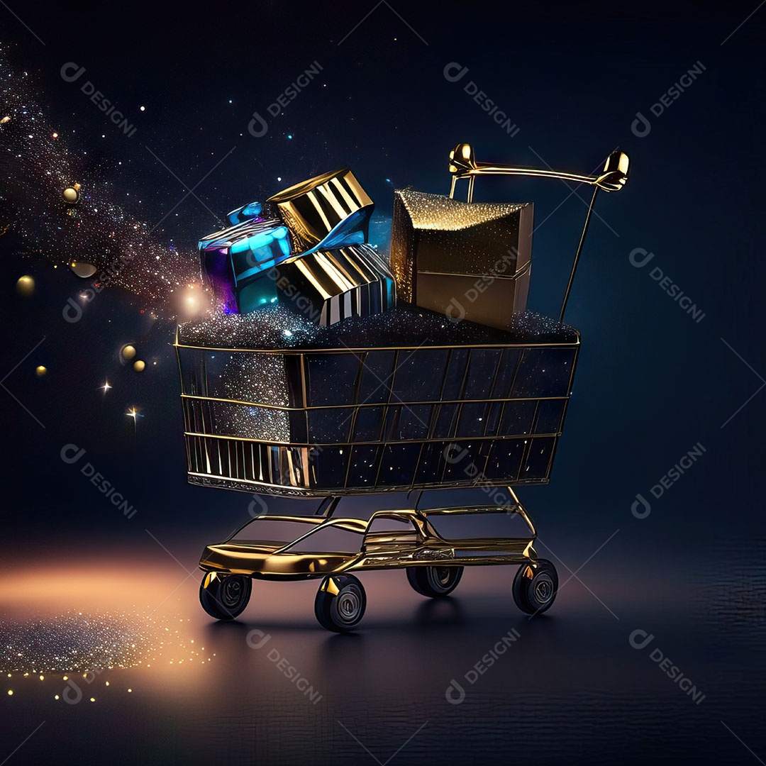 Carrinho de compras fotográfico com arranjo de presentes em brilho