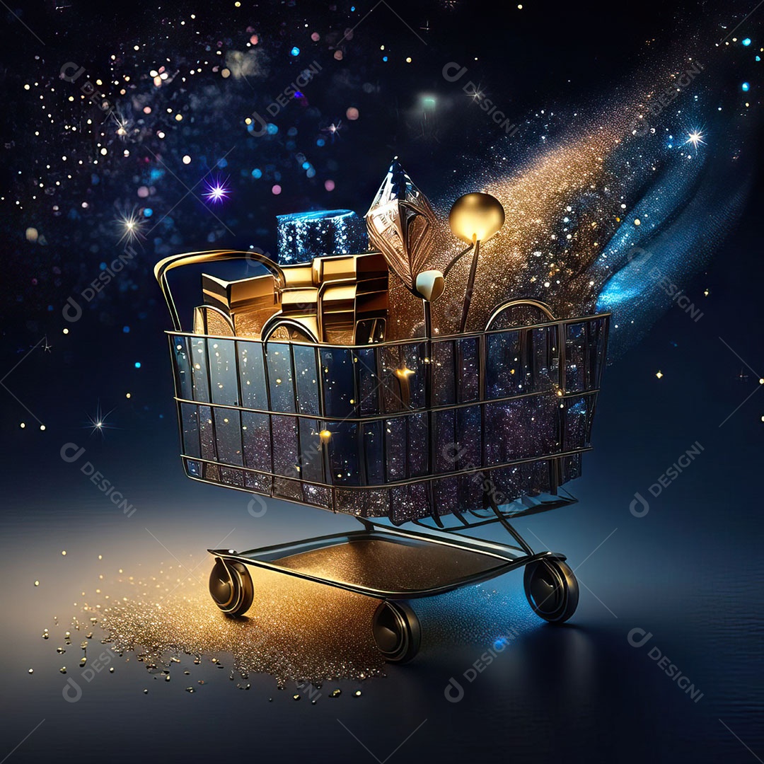 Carrinho de compras fotográfico com arranjo de presentes em brilho