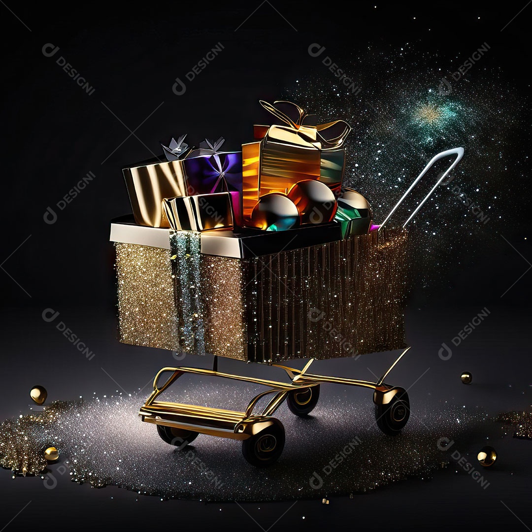 Carrinho de compras fotográfico com arranjo de presentes em brilho