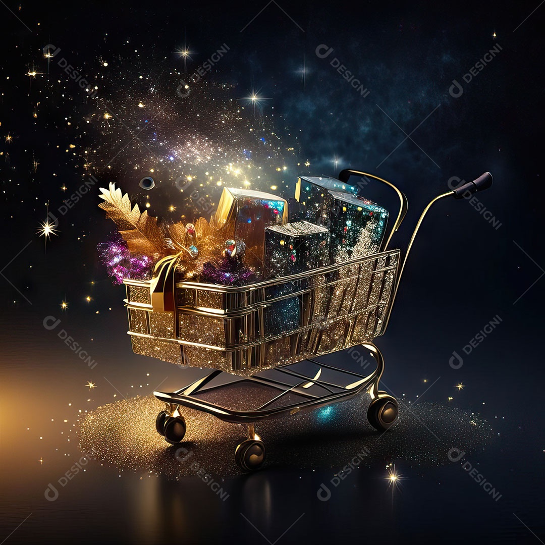 Carrinho de compras fotográfico com arranjo de presentes em brilho