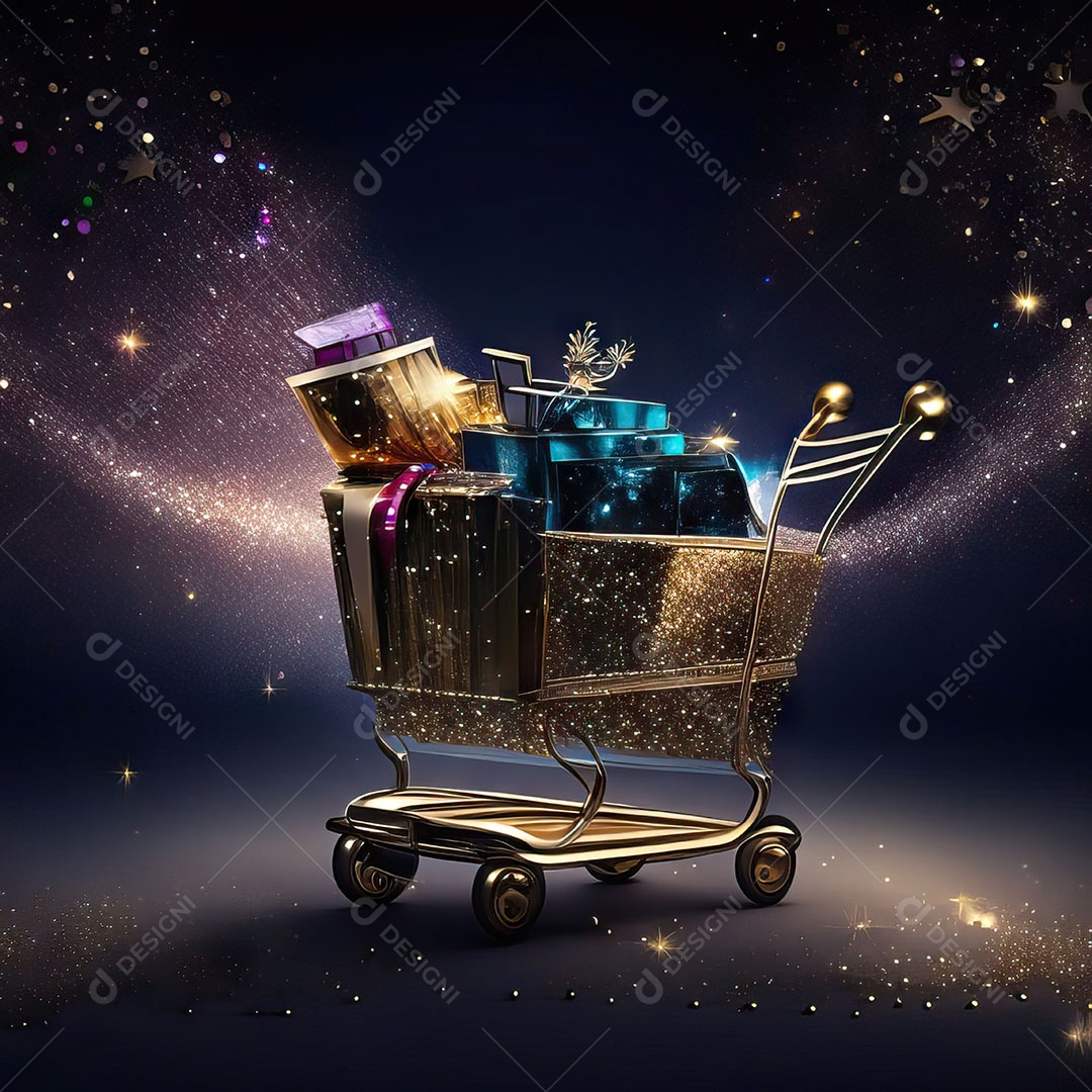 Carrinho de compras fotográfico com arranjo de presentes em brilho