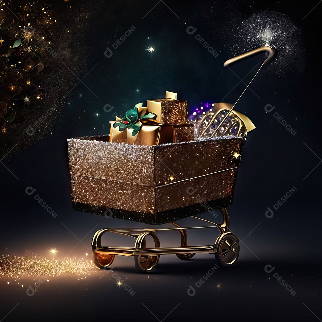 Carrinho de compras fotográfico com arranjo de presentes em brilho